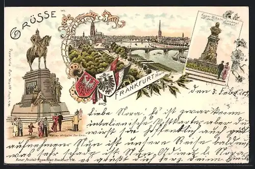 Lithographie Frankfurt am Main, Teilansicht, Kaiser Wilhelm Denkmal auf dem Posthof, Kaiser Wilhelm Denkmal