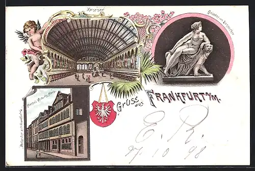 Lithographie Alt-Frankfurt, Goethe`s Geburts Haus, Ariadne von Dannecker, Kaisersaal