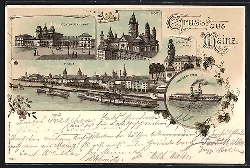 Lithographie Mainz, Centralbahnhof, Schillerdenkmal, Stadtpanorama mit Dampfern