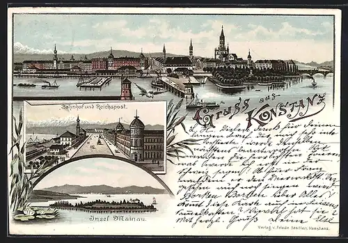 Lithographie Konstanz, Bahnhof und Reichspost, Insel Mainau, Panorama