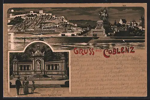 Lithographie Coblenz, Kaisering Augusta Denkmal, Totalansicht bei Nacht