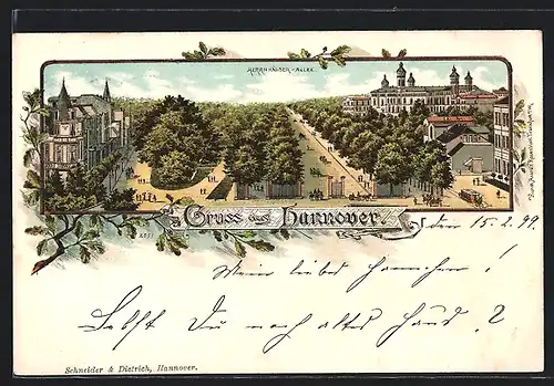 Lithographie Hannover, Herrnhäuser-Allee mit Pferdebahn, Oberfläche