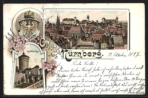 Lithographie Nürnberg, Spittlerthor, Teilansicht, Wappen