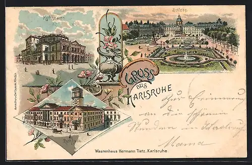 Lithographie Karlsruhe, Schloss, Rathaus und Hoftheater