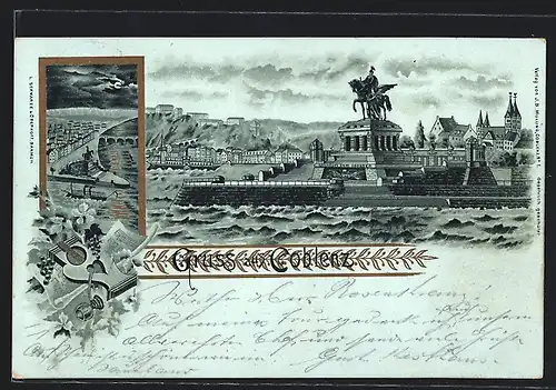 Lithographie Coblenz, Totalansicht mit Denkmal