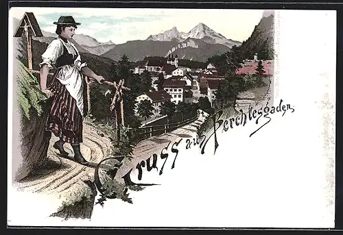 Lithographie Berchtesgaden, Ortspartie mit Hôtel Salzburger Hof und Frau in Tracht