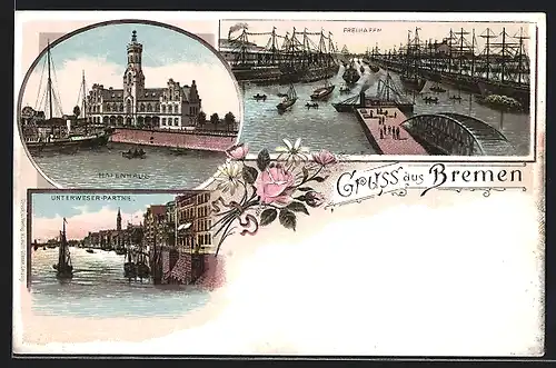 Lithographie Bremen, Freihafen, Hafenhaus, Unterweser Partie