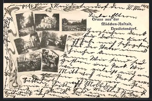 AK Neudietendorf, Mädchenanstalt, Gebäudeansichten, Hofansichten, Hütte im Wald