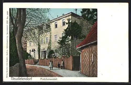 Passepartout-AK Neudietendorf /Th., Mädchenanstalt der Brüdergemeine, Gebäude mit Weg und Kindern