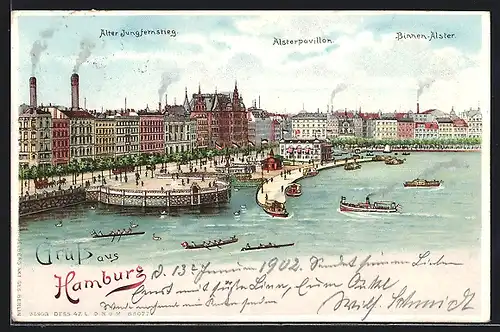 Lithographie Hamburg, Alter Jungfernsteig m. Alsterpavillon und Binnen-Alster, mit leuchtendem Mond