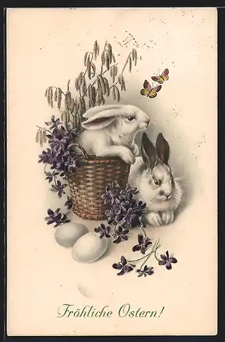 AK Osterhasen mit Korb und Blumen