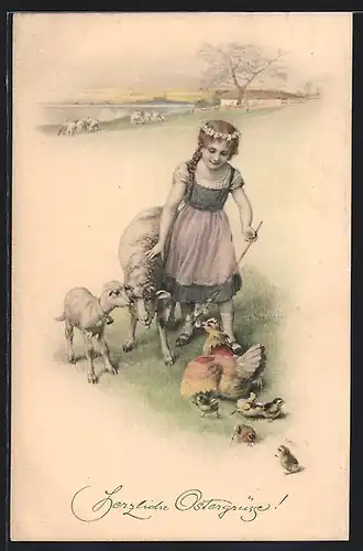 AK Mädchen mit Schaf, Lamm und Osterküken, Herzliche Ostergrüsse