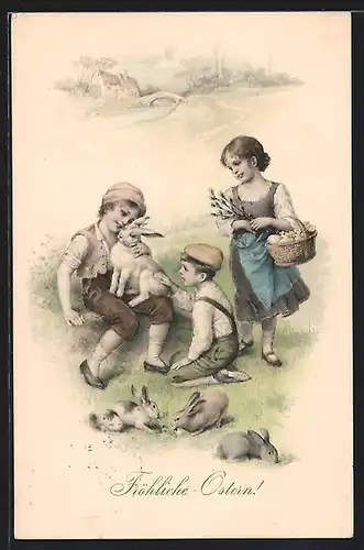 AK Kinder mit Osterhasen auf der Wiese