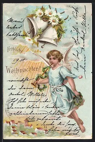 Lithographie Fröhliche Weihnachten, Weihnachtsengel, Glocken