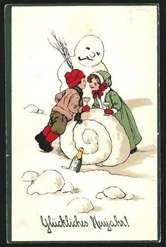 AK Kinder mit Schneemann und Sekt