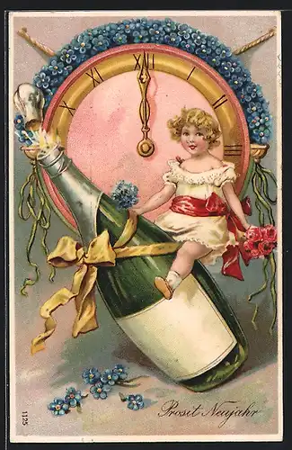 AK Mädchen mit Blumenstrauss sitzt auf einer Sektflasche