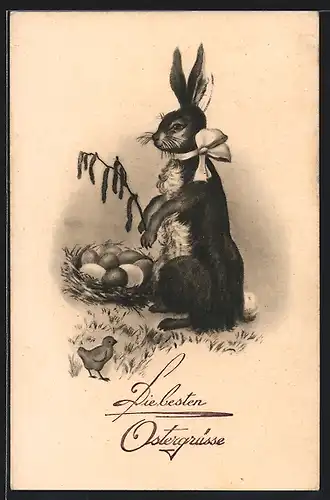 AK Osterhase mit Schleife und Eiern, Osterküken