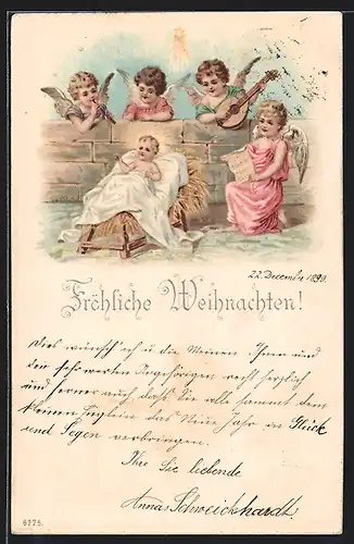 AK Weihnachtsengel singend und musizierend am Bettchen von Jesus, Fröhliche Weihnachten