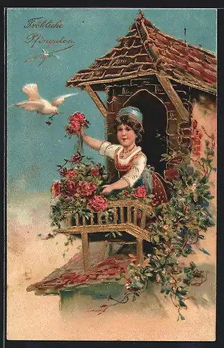 AK Frau mit Pfingstrosen auf dem Balkon, Fröhliche Pfingsten