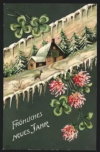 AK Reh im Schnee vor einem beleuchteten Haus, Kleeblätter und Blumen, Fröhliches neues Jahr