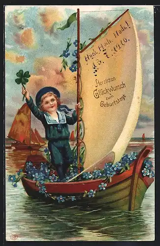 AK Kleiner Matrose in einem Segelboot voller Blüten, Herzlichen Glückwunsch zum Geburtstag