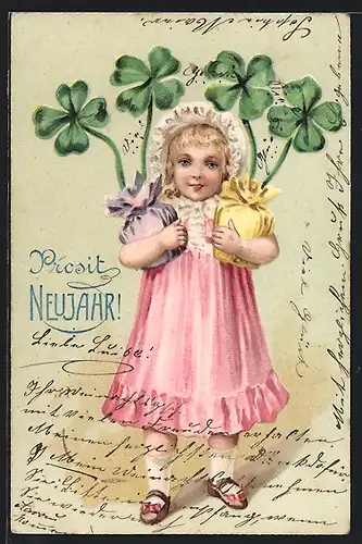 AK Süsses Mädchen mit zwei Töpfen Kleeblätter Prosit Neujahr