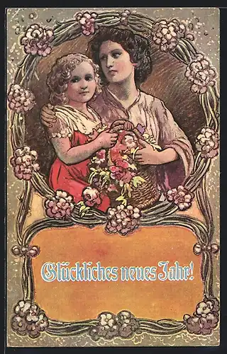 Künstler-AK Mutter und Tochter im Blumenrahmen, Neujahrsgruss