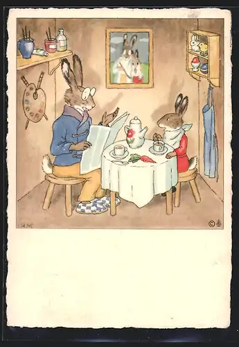 AK Osterhase mit Jungtier am Frühstückstisch