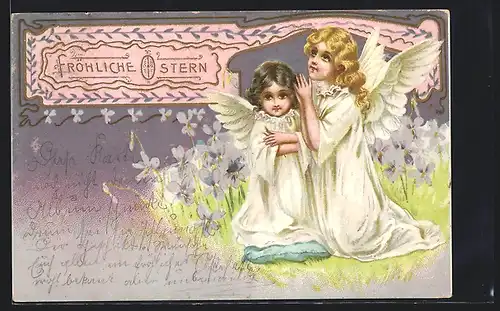 AK Osterengel knien betend auf einer Blumenwiese, Fröhliche Ostern