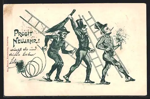 Lithographie Drei Schornsteinfeger mit Leitern, Rutenbesen und Blumenstrauss, Prosit Neujahr