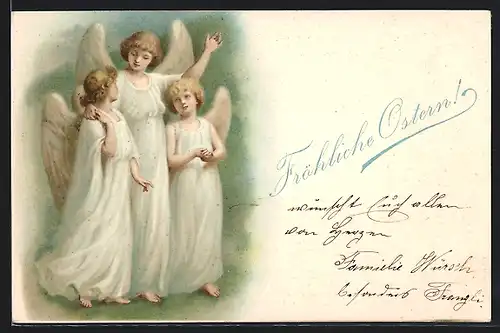 AK Drei Osterengel in weissen Kleidern Arm in Arm, Fröhliche Ostern