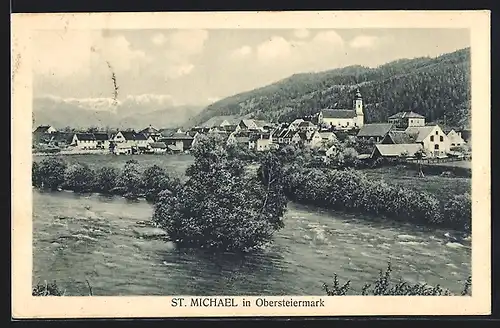 AK St. Michael, Ortsansicht mit Fluss, Kirche und Umgebung