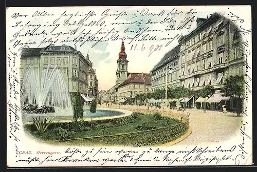 AK Graz, Blick in die Herrengasse mit Fontäne und Kirche