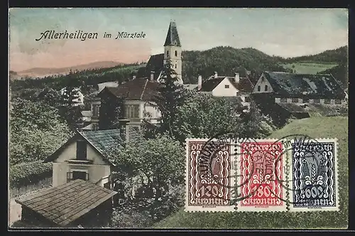 AK Allerheiligen im Mürztale, Ortspartie mit Kirche