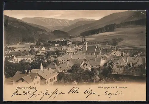 AK Mürzzuschlag, Blick gegen die Schneealpe mit Kirche