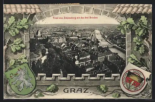 AK Graz, Totale vom Schlossberg mit den drei Brücken