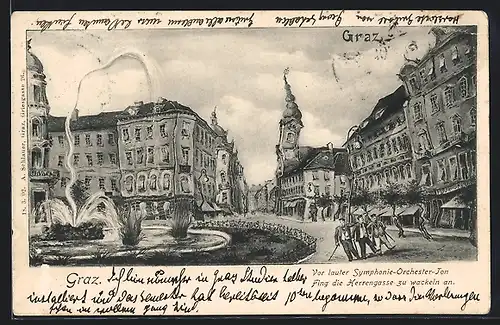 AK Graz, Strasse Herrengasse mit Brunnen aus der Sicht von Betrunkenen