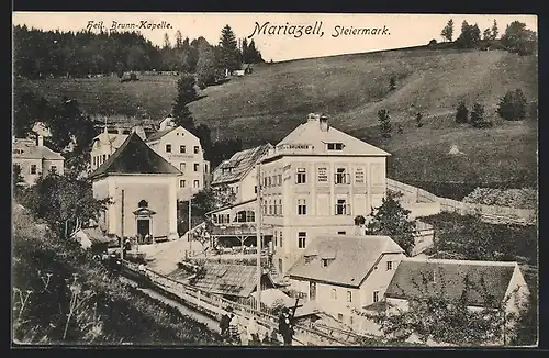 AK Mariazell /Steiermark, Ortspartie mit Gasthof und Heil. Brunn-Kapelle