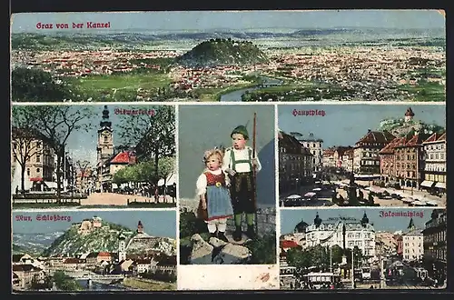 AK Graz, Totalansicht, Hauptplatz, Bismarckplatz, Junge und Mädchen in Tracht