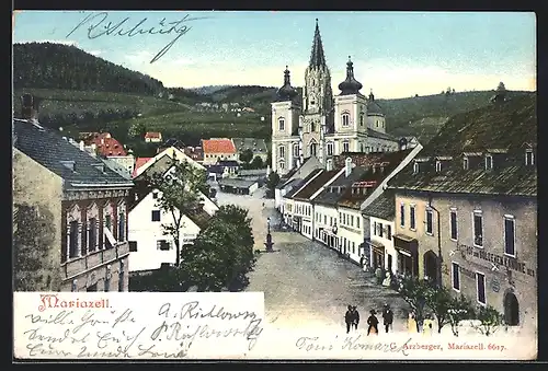 AK Mariazell, Marktplatz mitGasthof zur Goldenen Krone und Kirche