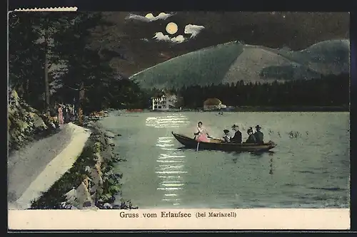 AK Mariazell, Bootspartie auf dem Erlaufsee im Mondschein