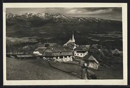 AK Zeutschach bei Neumarkt, Gesamtansicht mit Zirbitzkogel aus der Vogelschau