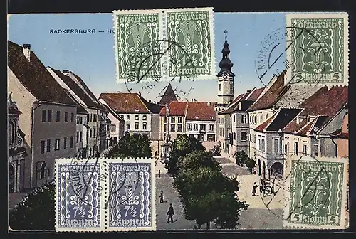 AK Radkersburg, Hauptplatz mit Säulendenkmal, Promenadenallee und Turm