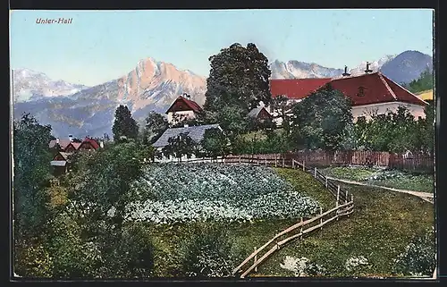AK Unter-Hall, Teilansicht mit Feldern und Bergpanorama