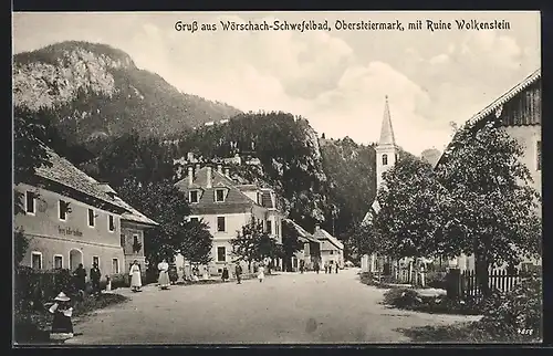 AK Wörschach, Strassenansicht mit Kirche und Ruine Wolkenstein