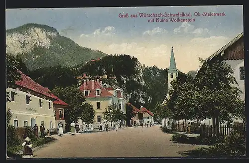 AK Wörschach-Schwefelbad, Platz mit Kirche und Blick zur Ruine Wolkenstein