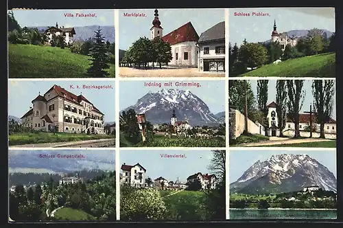 AK Irdning, Marktplatz mit Kirche, Villenviertel, Bezirksgericht, Schloss Gumpenstein, Villa Falkenhof, Schloss Pichlarn