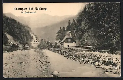 AK Krampen bei Neuberg, Flusspartie mit Ortsblick und Bergpanorama