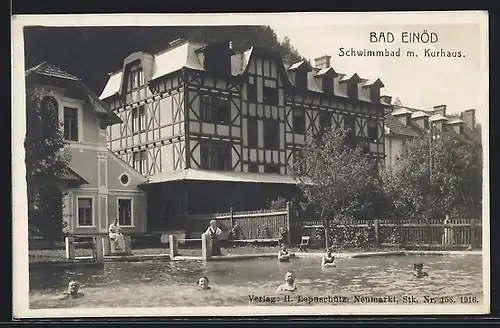 AK Bad Einöd, Schwimmbad mit Kurhaus, Kurgäste im Wasser