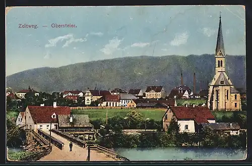 AK Zeltweg, Ortsansicht mit Brücke und Kirche
